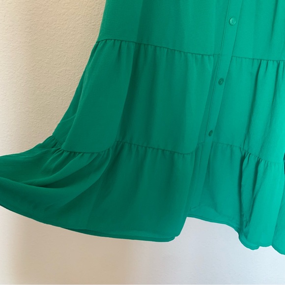 Monteau Emerald Green Tiered Collared Midi Dress Medium Button Pockets - Picture 5 of 11